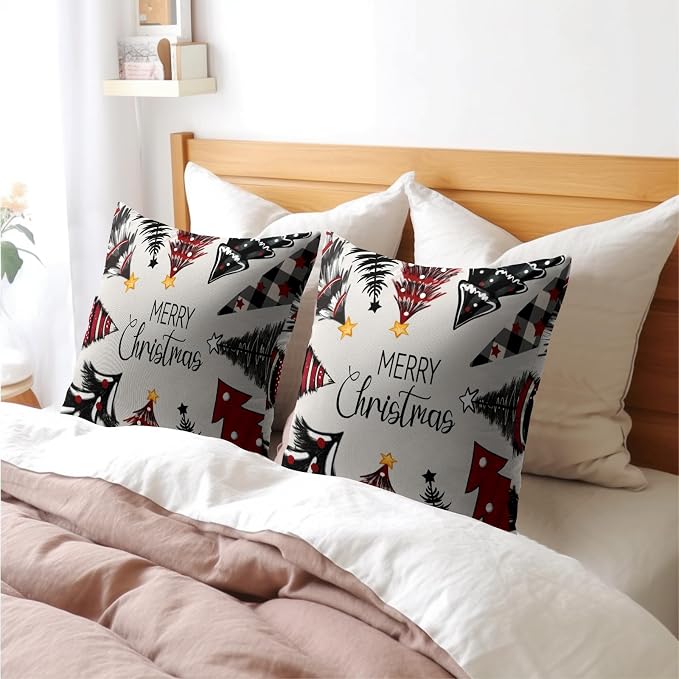 Kawani Christmas Trees Throw Pillow Covers Set of 2, 22x22 Inch Farmhouse Xmas Black Red Pine Tree Winter Square Pillowcase Linen Cushion Case for Bed Couch Indoor Outdoor Home Decor