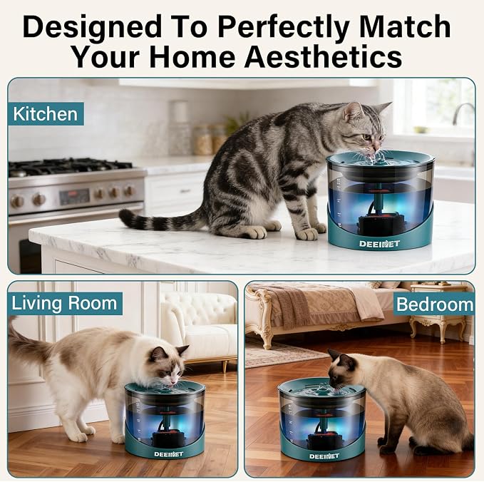 DEEIPET Cat Water Fountain, 74oz/2.2L Ultra Quiet Automatic Water Dispenser for Cats Dogs with Colorful LED Indicator, Water Bowl for Pets with Filter