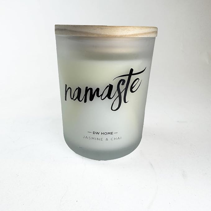 DW Home Namaste Jasmine & Chai Scented Candle – Hand-Poured, 15 oz, Aromatherapy Candle with Natural Wooden Lid, Frosted Glass Jar, Relaxing Floral and Spiced Tea Fragrance