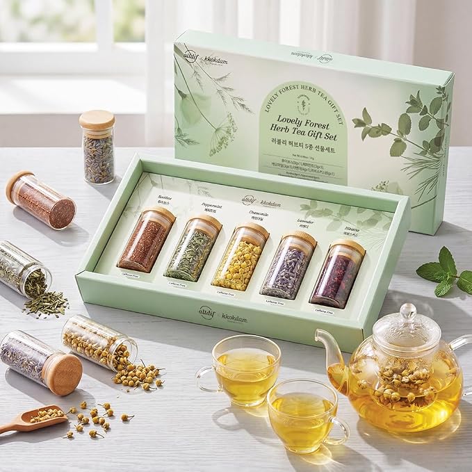 KKOKDAM Lovely Forest Herb Tea Gift Set - 5 Caffeine-Free Loose Leaf Teas in Glass Jars (Rooibos, Peppermint, Chamomile, Lavender, Hibiscus) - Korean Tea Gift Box 0.88oz