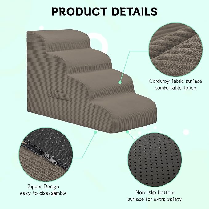 Mesa Lemon 4 Step Dog Stairs Pet Ramp for High Beds, Sofas and Cars | High Density Foam, Non-Slip Bottom, Removable Washable Cover, Portable Handle, Holds Up to 50 lbs, 20 Inch Height