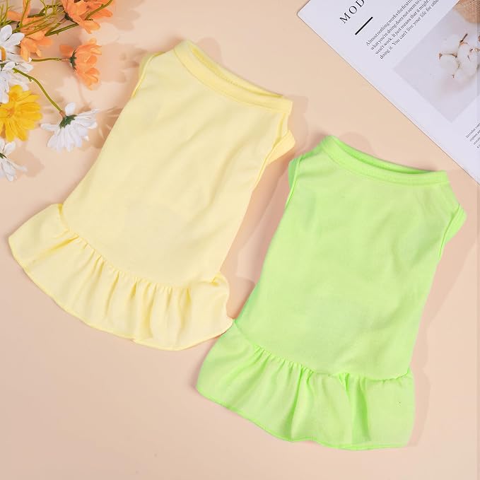 2 Pcs Dog Dresses Cat Skirt Solid Color Dog Clothes Summer Sleeveless Puppy Girl Clothes for Small Pet Dogs Cats (Yellow,Green, Medium)