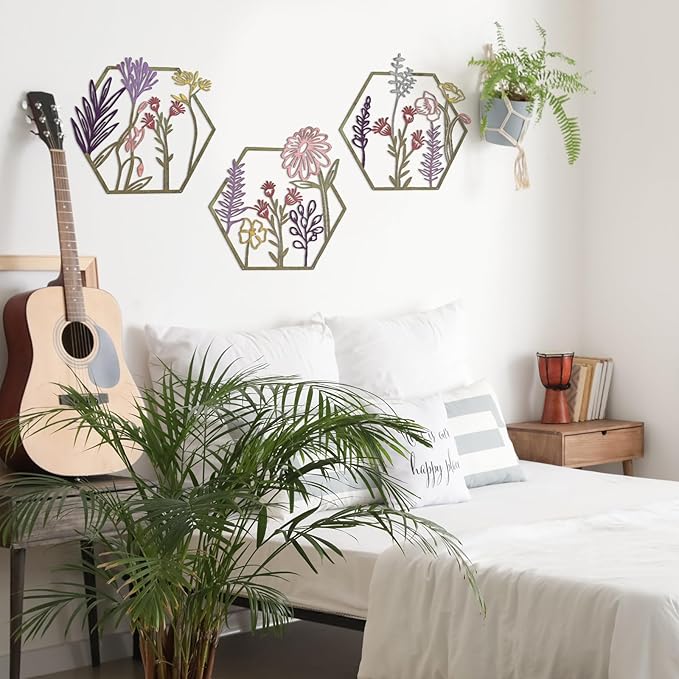 Peryiter 3 Pcs Metal Flower Wall Decor Minimalist Floral Wall Hanging Decor Floral Metal Rustic Flower Art for Summer Living Room Bathroom Kitchen Indoor Outdoor(Colorful)