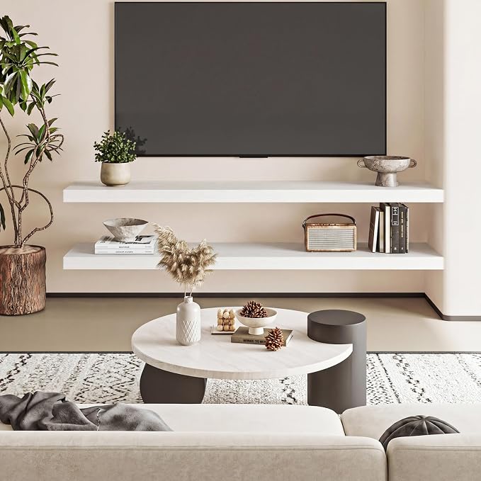 Fixwal Floating Wall Shelves for Decor (White, Set of 2, 47.2Inch) | MDF Shelf with Metal Brackets, Space Saving for Books , Decor, Fits Bathroom, Kitchen, Bedroom, or Office