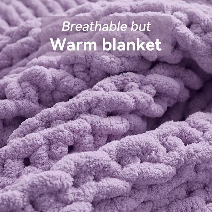 Negwoo Chunky Knit Throw Blanket, Knitted Throw Chenille Yarn, 30"*40" | Soft Thick Cable Knitted Blankets, Handmade Big Thick Blanket,Machine Washable Cute Comfy Blanket for Home Decor,Light purple