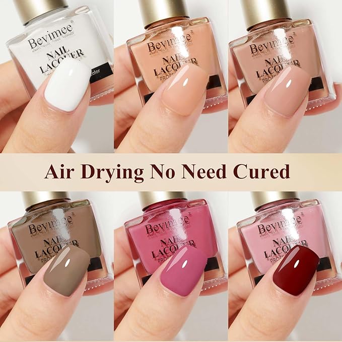 Vegan Nail Polish Set: Air Quick Dry Nail Lacquer Milky White, Nude, Brown 6 Regular Colors Nail Art Polish Non Gel Fast Drying Fingernail Polish Bulk DIY Salon Gift for Women