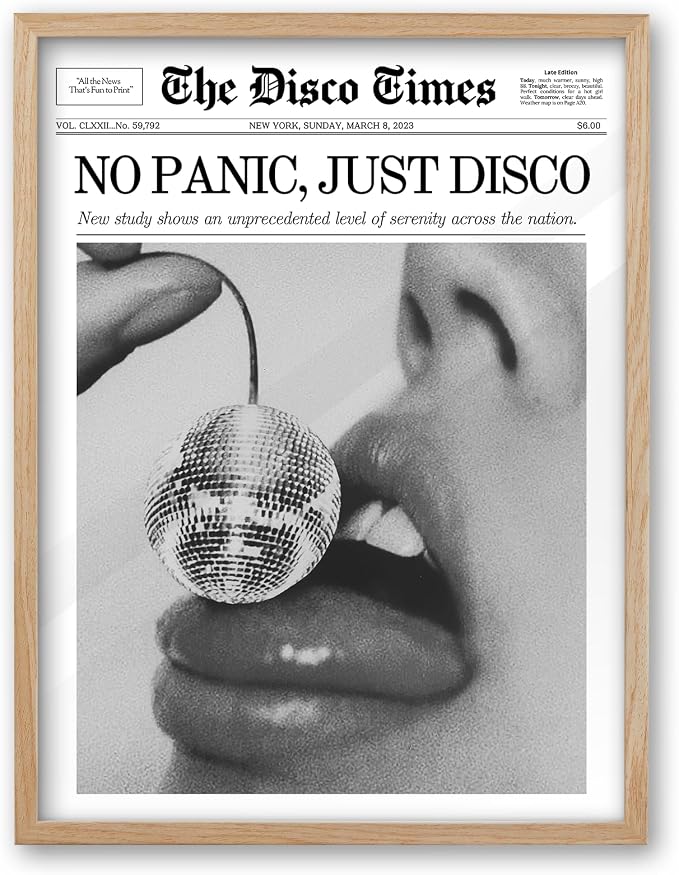 iHery 16x20in No Panic Just Disco Framed Newspaper Wall Art | Natural OAK Wood Frame with Canvas Print, Retro Disco Ball Decor for Bedroom, Girl Dorm, Living Room and Home, 1Pack