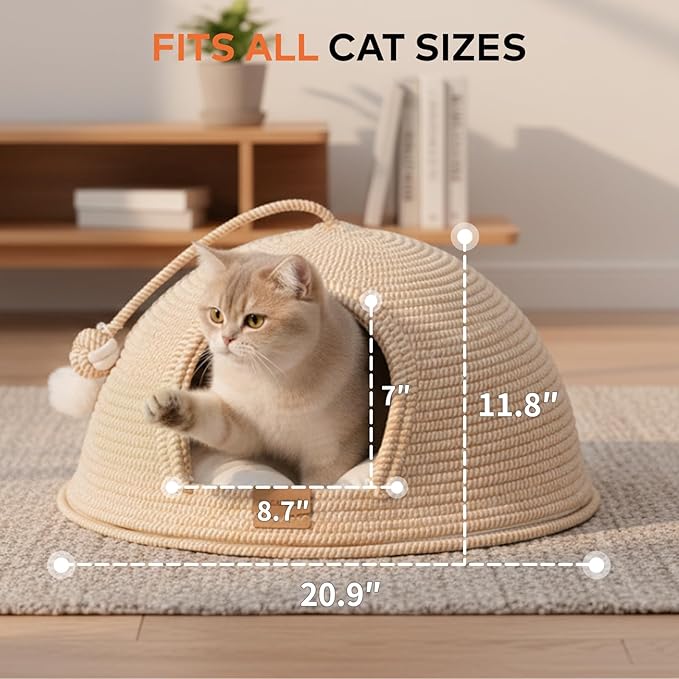Cat Cave Bed with Washable Cushion and Ball, Handwoven Cotton Rope Cat Basket Bed for Indoor Cats Bed Covered, 3-in-1 Scratching, Playing & Sleeping, All Season Universal(White)