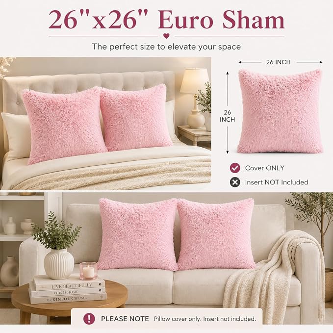 REAFORT Long Hair Faux Fur Euro Sham Cover 26"x26", Hidden Zipper (Pink) | Ultra-soft plush faux fur with a hidden zipper adds luxurious comfort and is machine washable for easy care.