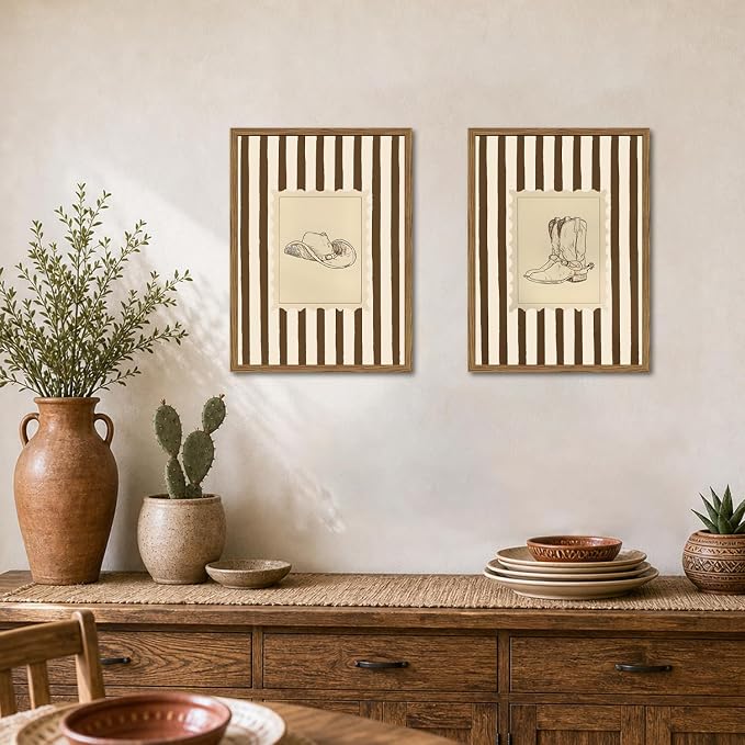 Western Cowboy Wall Art Set of 3, Vintage Cowboy Boots Hat Wall Decor Painting Southwestern Rodeo Canvas Prints Picture for Living Room Bedroom Farmhouse 16x24 Inch Wood Framed