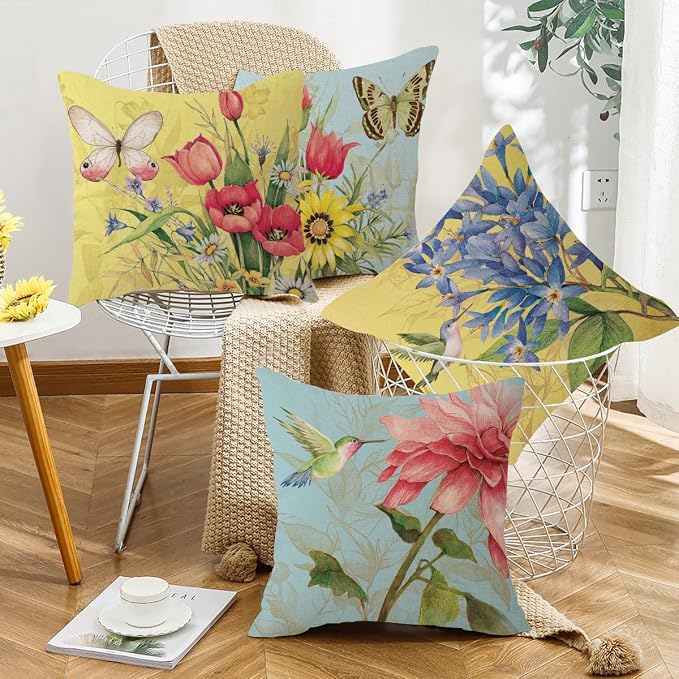wyooxoo Spring Summer Pillow Covers 20x20 Set of 4 Decorative Throw Pillow Covers Linen Flower Butterfly Farmhouse Pillowcases for Sofa Couch Living Room Outdoor
