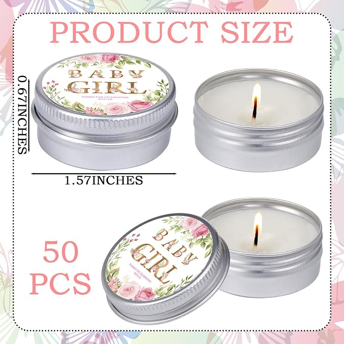 MTLEE 50 Pcs Baby Girl Shower Scented Candles Gift Travel Tin Candle Aromatherapy Candle Favors for Baby Shower Favors Wedding Gifts Compound Scent Essential Oil 1.57 x 0.67''