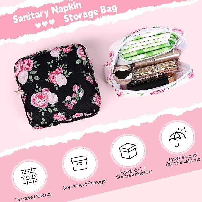 Sanitary Pad Storage Bag Portable Period Bag for Teen Pads/Sanitary Napkins/Small Tampons, Sanitary Napkin Storage Bag First Period Gifts for Teen Girls (Texture Rose)