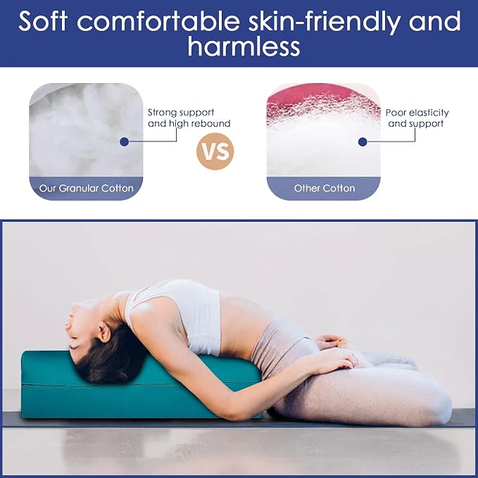 Yoga Bolster Pillow 26x10.5x5.5in Rectangular Meditation Cushion for Yoga Massage and Back Support, Breathable Cotton Fill, Zippered Organic Cotton Cover, Easy-Carry Handle, Machine Washable (Cyan Blue)