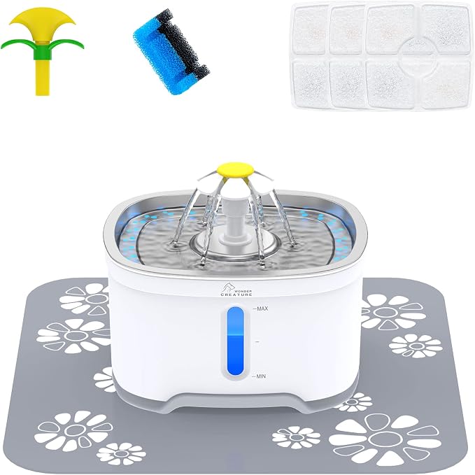 Wonder Creature Cat Water Fountain Stainless Steel Lid with 3 Filters, 84oz | 2.5L Pet Fountain with 3 Carbon Filters, 1 Mat, 2 Spouts, Quiet Pump, LED Water Level Window and 4 Flow Modes