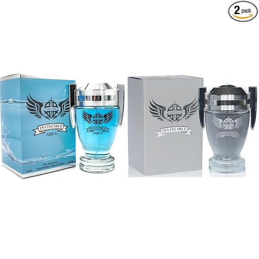 A CENTER Invincible Aqua & Invincible Men's Cologne Eau de Parfum Gift Set - 3.4 Fl Oz Each | Citrus Spicy & Woody Ambergris Fragrance | Luxury Perfume for Day & Night
