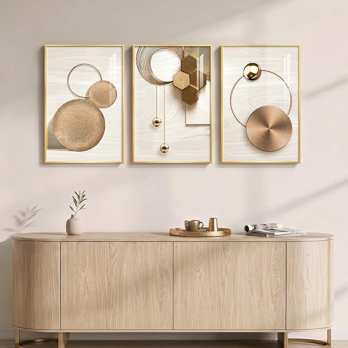 Large Framed Modern Luxury Gold Wall Art for Living Room, 3 Piece 16x24 In | Wall decor with frame, Golden geometric pictures, Crystal coating wall art, Fade resistance prints for bedroom dining room