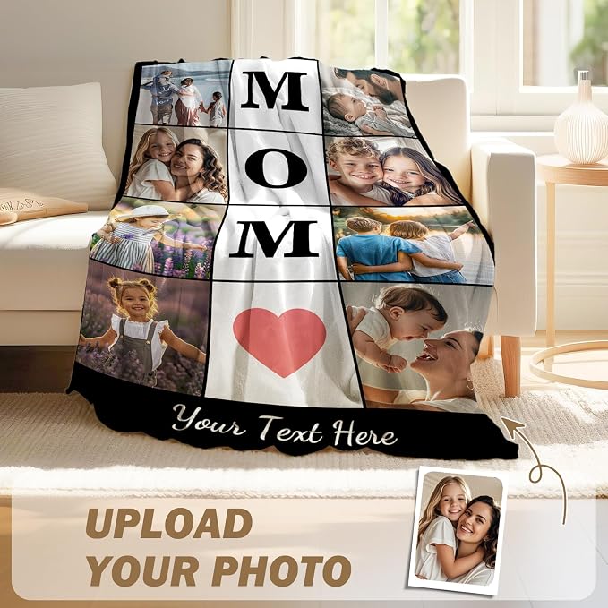 iDIY Custom Mom Blanket with Photo & Text - Ships Next Day - Mother’s Day Personalized Gifts - Customized Gifts for Mom, Wife, Dad, Kids
