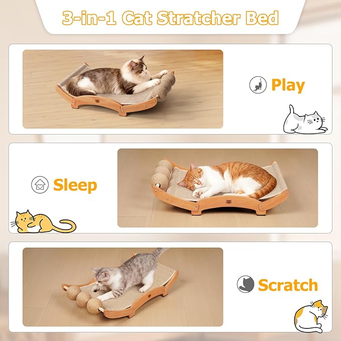 3 in 1 Sisal Cat Scratcher Bed, Solid Pine Cat Scratcher with Balls (Wood) | Extra Large Cat Scratching Post with Hammock, Cat Scratcher for Scratch & Play & Rest, Cat Furniture for Indoor Cats, Kitten