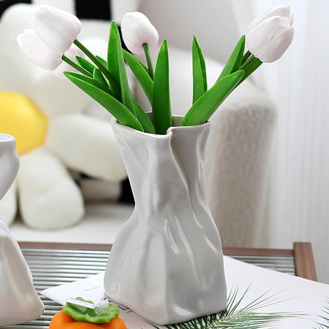 Paper Bag Vase for Flower, Unique Crinkle Design White Ceramic Vase, Flower Vase for Aesthetic Home Decor, Wedding Dinner Table Party Christmas Decorative