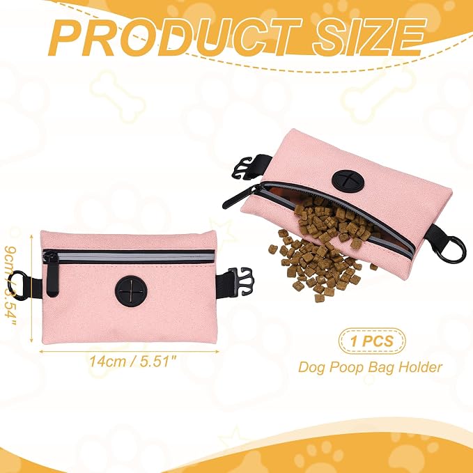 Dog Poop Bag Holder, Pet Waste Bag Dispenser Dog Treat Pouch with Zipper Oxford Cloth Portable Reusable Easy Cleanup(1Pcs, Pink), Intended for Outdoor/Travel/Walking