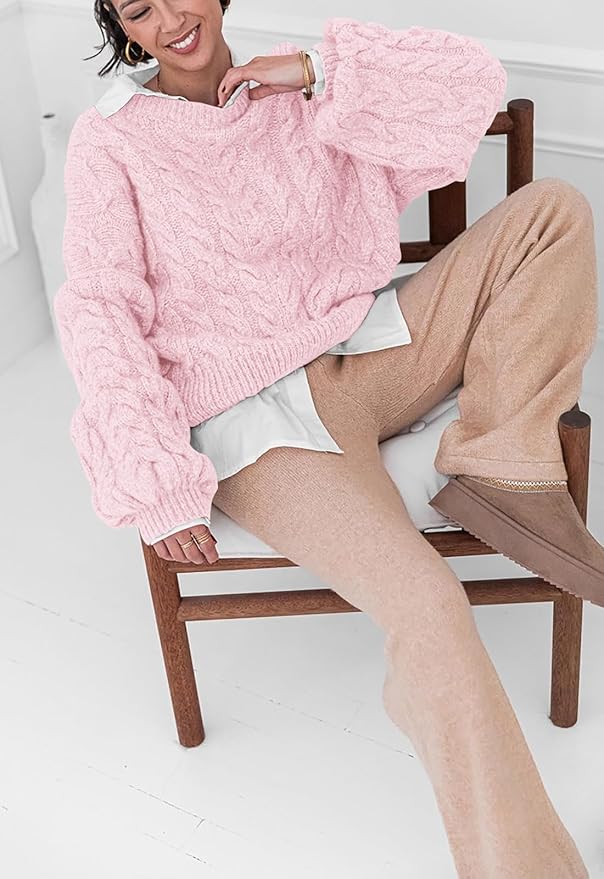 PRETTYGARDEN Womens Sweaters Spring 2026 Cable Knit Long Sleeve Crewneck Oversized Sweater Chunky Pullover Loose Outfits