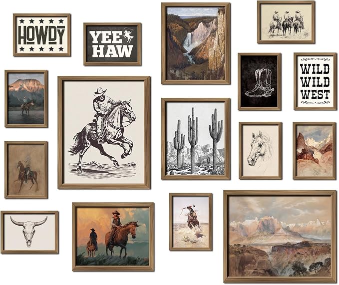 ANERZA 16 PCS Western Wall Art Decor, Southwestern Gallery Wall Prints for Bedroom Bathroom, Cowboy Posters for Living Room Aesthetic, Dorm Home Artwork Collage Kit