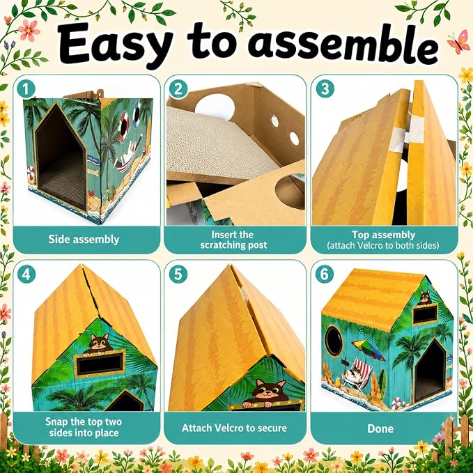 Cinrobiye Cardboard Cat House with Scratcher, Indoor Cat Condo Cat Cave Hideout with Scratch Pad, Cardboard Cat Playhouse Bed for Cats, Kittens, Rabbits & Small Pets (Beach)
