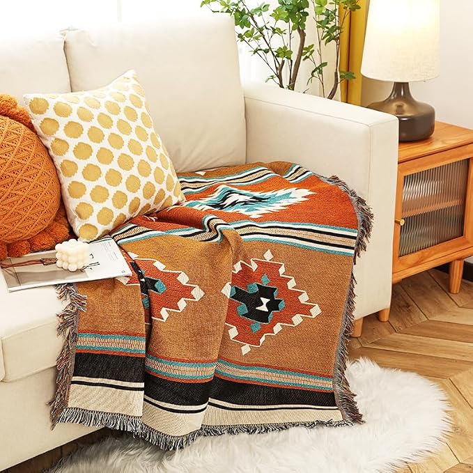 Homesy Aztec Throw Blanket Native Southwestern Bed Blankets 51"x63" Brown | Southwest Decor,Boho Style,Sofa Chair Cover,Outdoor Beach Car Tent Travel Camping Use,Tapestry,Reversible and Tassels