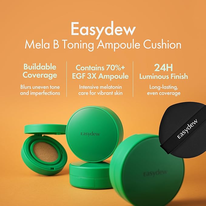 Easydew Mela B Toning Ampoule Cushion - 2-in-1 Korean Skin Care & Face Beauty Makeup - Age-Defying Full Coverage Cushion Foundation with Niacinamide & Hyaluron-Vital C 0.45 oz (#25 Honey)