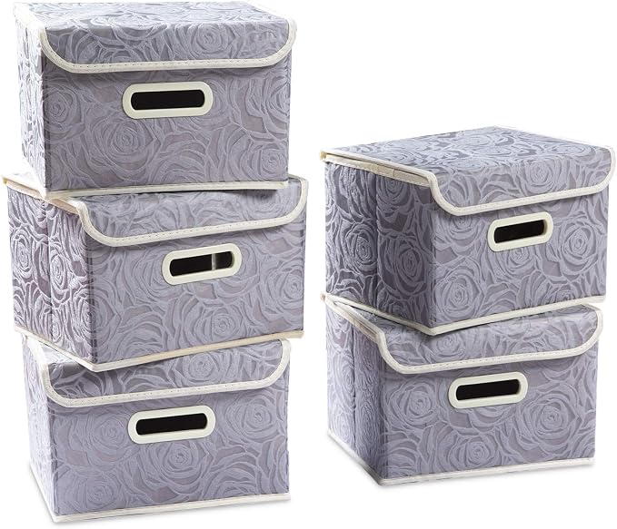 Stackable Storage Boxes with Lids [5-Pack] Fabric Decorative Storage Bins Cubes Organizer Containers Baskets with Cover Handles Divider for Bedroom Closet Living Room Grey 9.8x7.9x6.7 Inch