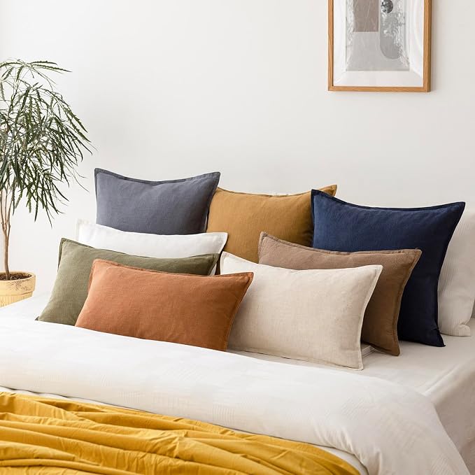 Foindtower Pack of 2, Decorative Linen Solid Throw Pillow Covers Soft Accent Square Cushion Case Boho Farmhouse Pillowcase for Chair Couch Sofa Bedroom Living Room Home Decor 24 x 24 Inch Navy Blue