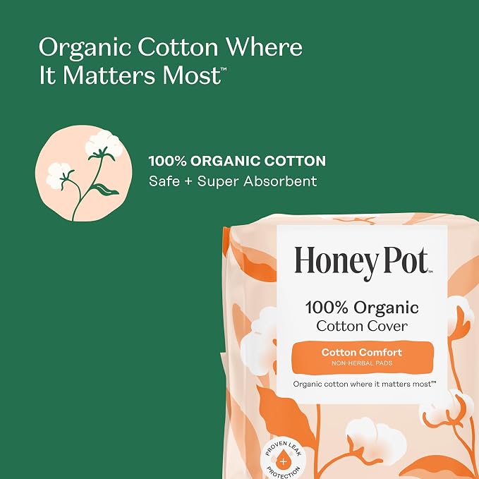The Honey Pot Company - Sanitary Pads for Women - Non-Herbal Heavy Overnight w/Wings - Organic Cotton Cover & Ultra-Absorbent Pulp Core - Feminine Care - 11 ct