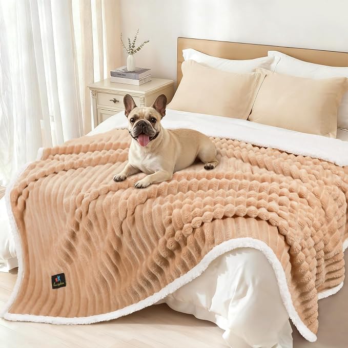 Luciphia Waterproof Dog Blanket, Washable Reversible Flannel Pet Throw | Reversible fleece cover for couch, bed, and crate; calming, and claw-resistant for dogs, cats, puppies Khaki L(65''x57'')