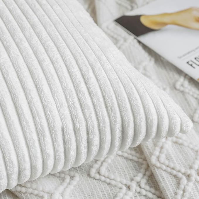 MIULEE Decorative Corduroy Throw Pillow Covers Set of 2 16x16 Pure White | Soft Striped Textured Cushion Cases, Boho Square Pillowcases Neutral Home Decor, for Couch Chair Sofa Bed Living Room
