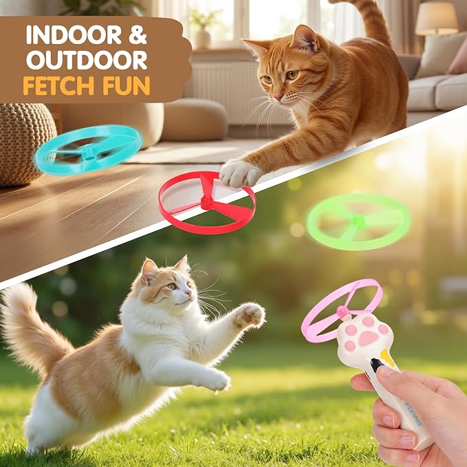 Cat Fetch Toy, Flying Disc Launcher with 6 Flying Discs