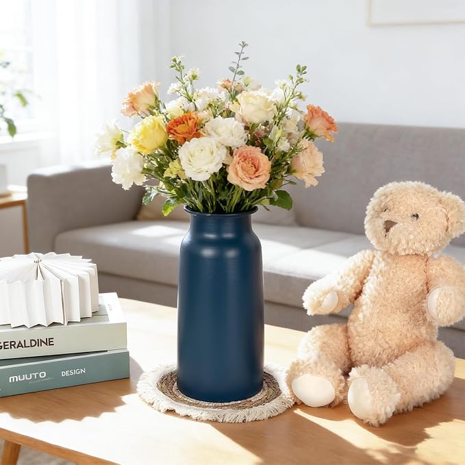 Deep Blue Seamless Metal Flower Vase, 10.8" Modern Flowerpot Minimalist Boho Home Rustic Centerpiece Farmhouse Retro Metallic Vases Decorative for Pampas Grass Bouquet, Anniversary Wedding Gift