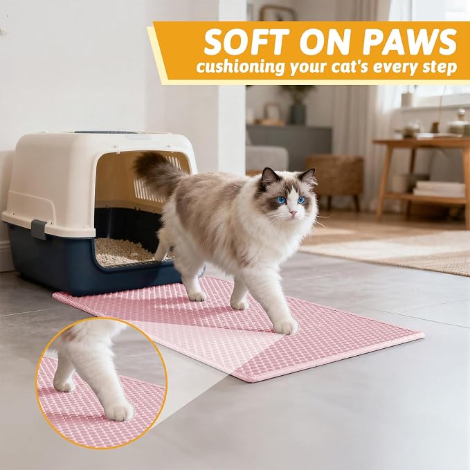 Pieviev Cat Litter Mat, Double-Layer Waterproof Litter Trap, 24" x 15" Pink | Honeycomb Design Catches Scattered Particles to Stop Tracking, Urineproof Base Protects Floors, Easy to Clean