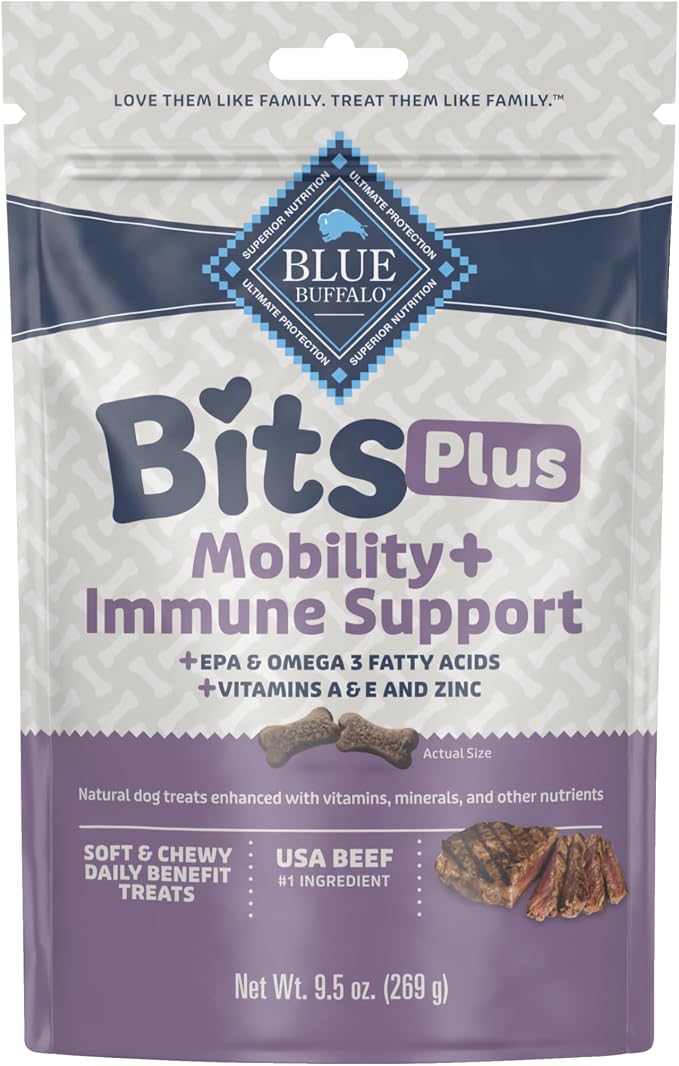 Blue Buffalo Bits Plus Beef Dog Treats, 9.5 oz | Mobility Support, EPA & Omega 3 Fatty Acids, Vitamin A, E & Zinc for Immune Support