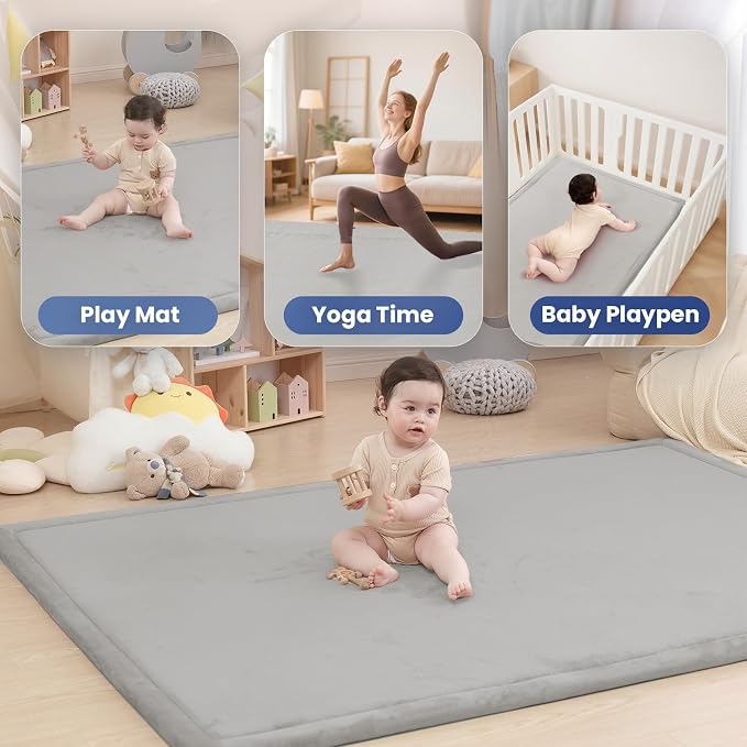 Baby Play Mat for Floor,1.3" Thick Memory foam Tummy Time Mat,Water Repellent Soft Velvet Nursery Rug,Extra Large Non Slip for Crawling,Toddlers,Infants,kids,Tatami Style for Living Room(Light Grey)