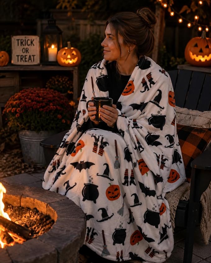 Halloween Cute Witch Fleece Throw Blanket, JackOLantern Bats, 50x60 | Soft velvet fleece throw blanket with witches hat, Jack O Lantern, and black bats design - Perfect for Halloween décor