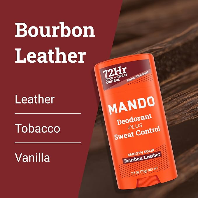 Mando Antiperspirant Deodorant Sweat and Odor Control for Men – Extra Strength Smooth Solid Stick – 72 Hour Performance – Baking Soda Free, Skin Safe – 2.6 oz – Bourbon Leather – Pack of 2