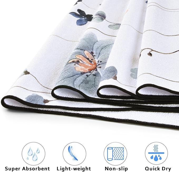 QiyI Floral Yoga Mat Towel with Corner Pockets, Non Slip Sweat Absorbent Hot Yoga Towels, Soft Yoga Blankets with Travel Bag, Mat Cover for Workout, Gym, Fitness - 74"x26", Watercolor Flowers
