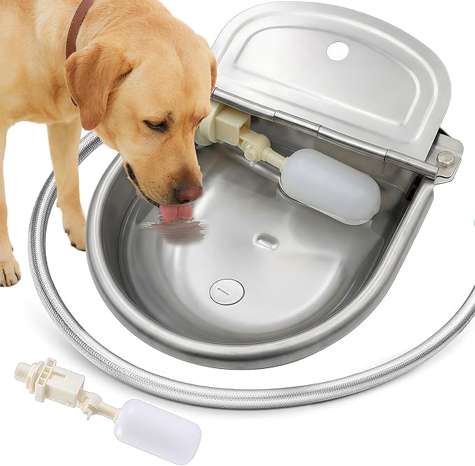 Automatic Water Dispenser for Dogs & Cat Stainless-Steel Water Bowl Outdoor | Heavy Duty Large Pet Waterer Feeder for Poultry & Livestock, w/ float valve