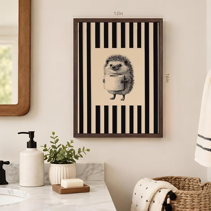 VziizV Funny Hedgehog Bathroom Wall Art, Cute Hedgehog Holding Toilet Paper Decor, Beige and Black Stripe Restroom Poster Print, Whimsical Farmhouse Animal Artwork for Powder Wood Framed 16x24 Inch