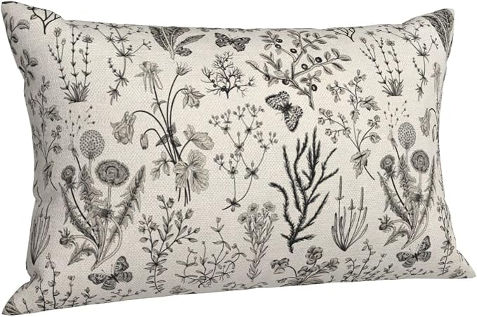 AEIOAE Spring Pillow Covers 12x20 Inch Set of 2,Black Gray Wild Flower Plant Throw Pillows Case,Seasonal Floral Outdoor Decorative Linen Farmhouse Decor Cushion Covers for Home Sofa Bed Couch