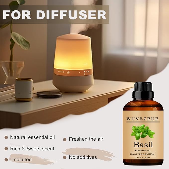 Basil Essential Oils, 120ML Pure and Natural Essential Oil for Aromatherapy Diffuser - Basil /4 Fl Oz