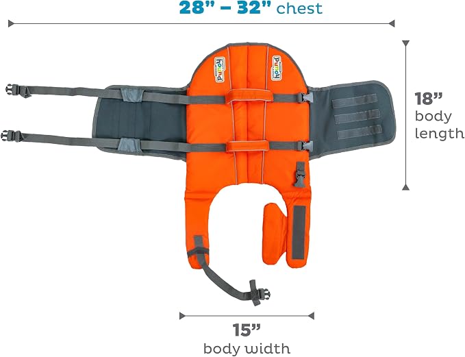 Outward Hound Granby Splash Dog Life Jacket, Life Vest, Orange, Large | Max Buoyancy, Adjustable Fit, Head/Neck Support, Rescue Handle, Reflective, Swimming & Boating, Large Dogs (28–32" Girth)