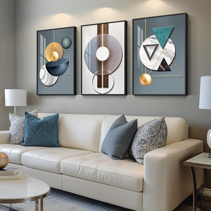 Large Framed Modern Luxury Wall Art for Living Room, 3 Piece Abstract Blue Green Paintings Wall Decor, Bright Style Geometry Prints Artwork with Black Frame for Office 24x36 Inch