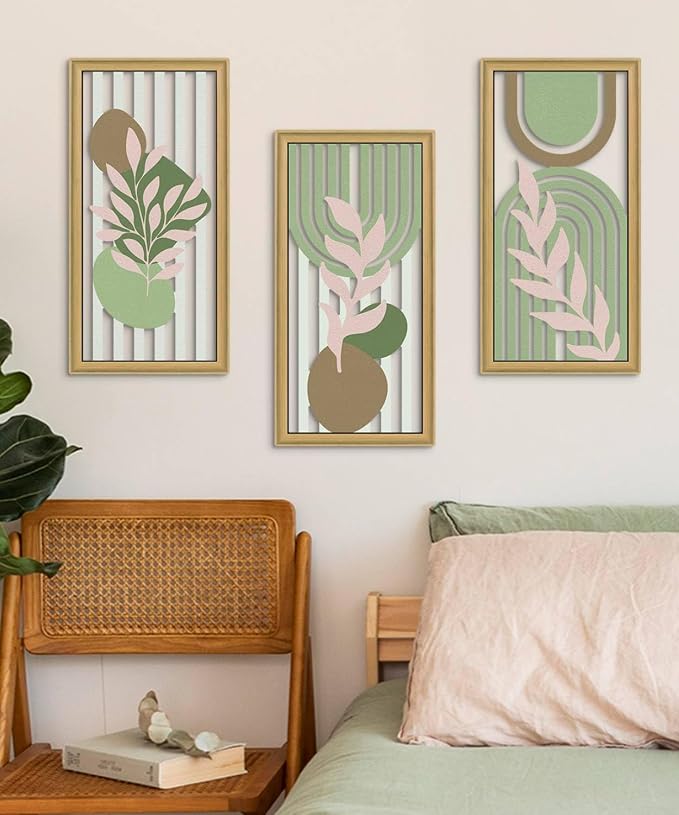 Putuo Decor Boho Abstract Wall Art Set of 3, Modern Geometric Botanical Wooden Wall Decor, Mid-Century Minimalist Framed Artwork, Warm Toned Aesthetic Prints for Living Room, Bedroom, Office